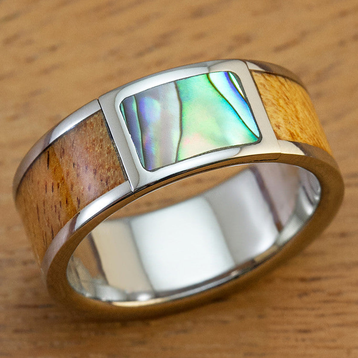 Titanium Ring with Abalone Pau'a Shell and Hawaiian Koa Wood Inlay