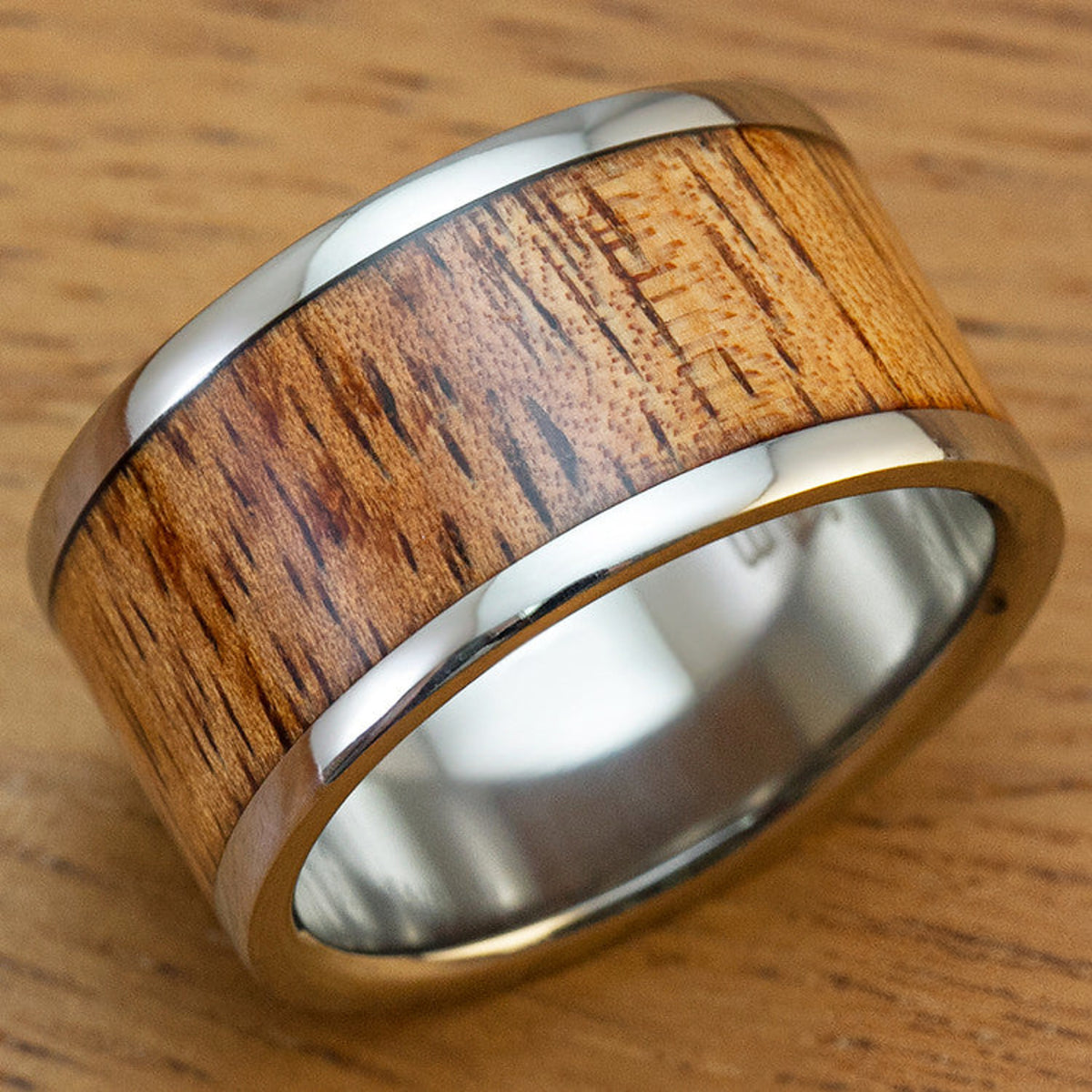 Titanium Ring with Hawaiian Koa Wood Inlay - 12mm, Flat Shape, Standard Fitment