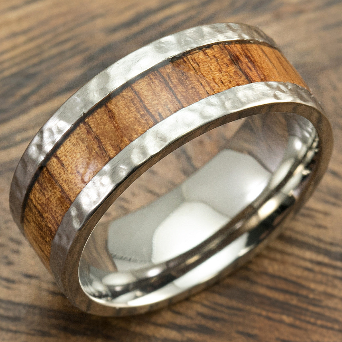 Hammered Titanium Ring with Hawaiian Koa Wood inlay - 8-10mm Comfort Fitment, Flat Shaped