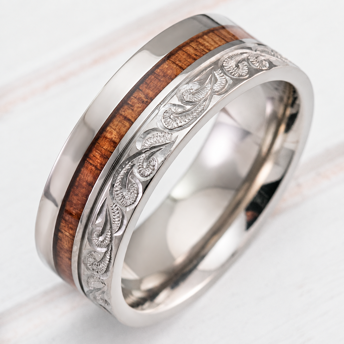 Titanium hand-engraved scroll ring with Hawaiian koa wood inlay