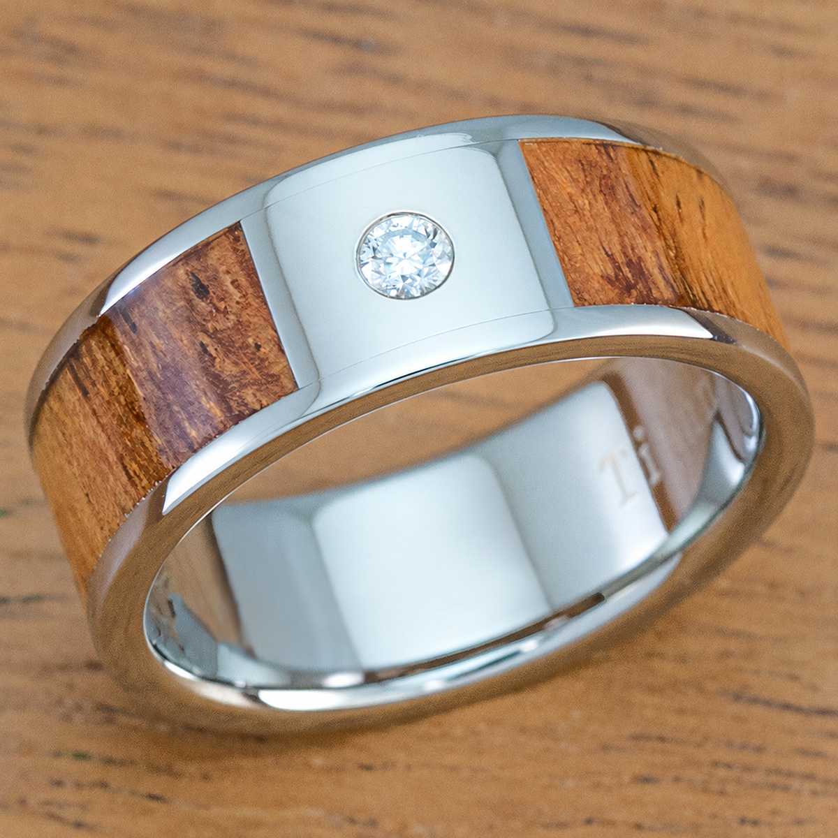 8mm titanium lab diamond ring with Hawaiian koa wood inlay, clean product image