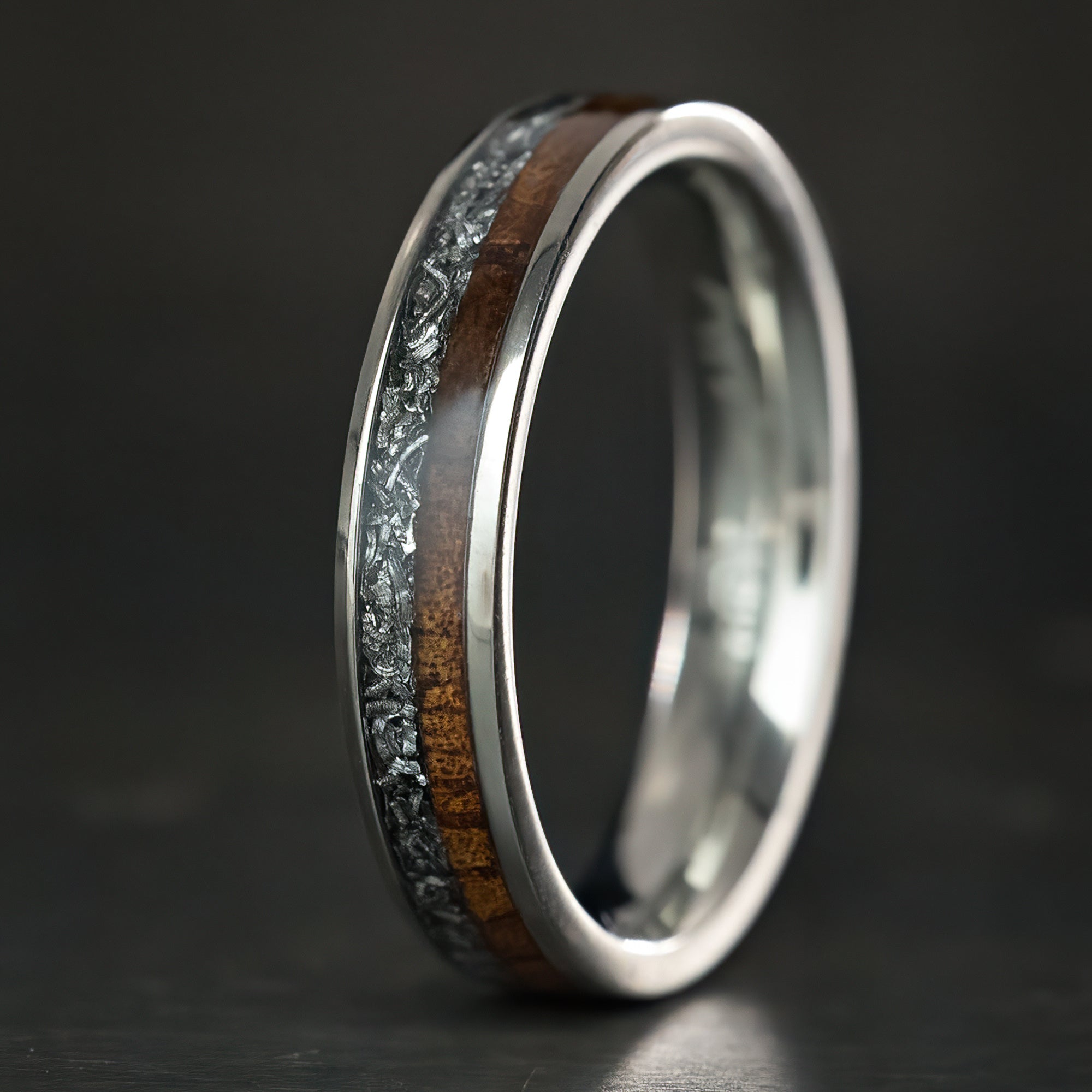 Titanium Ring [4mm width] Hawaiian Koa Wood & Meteorite