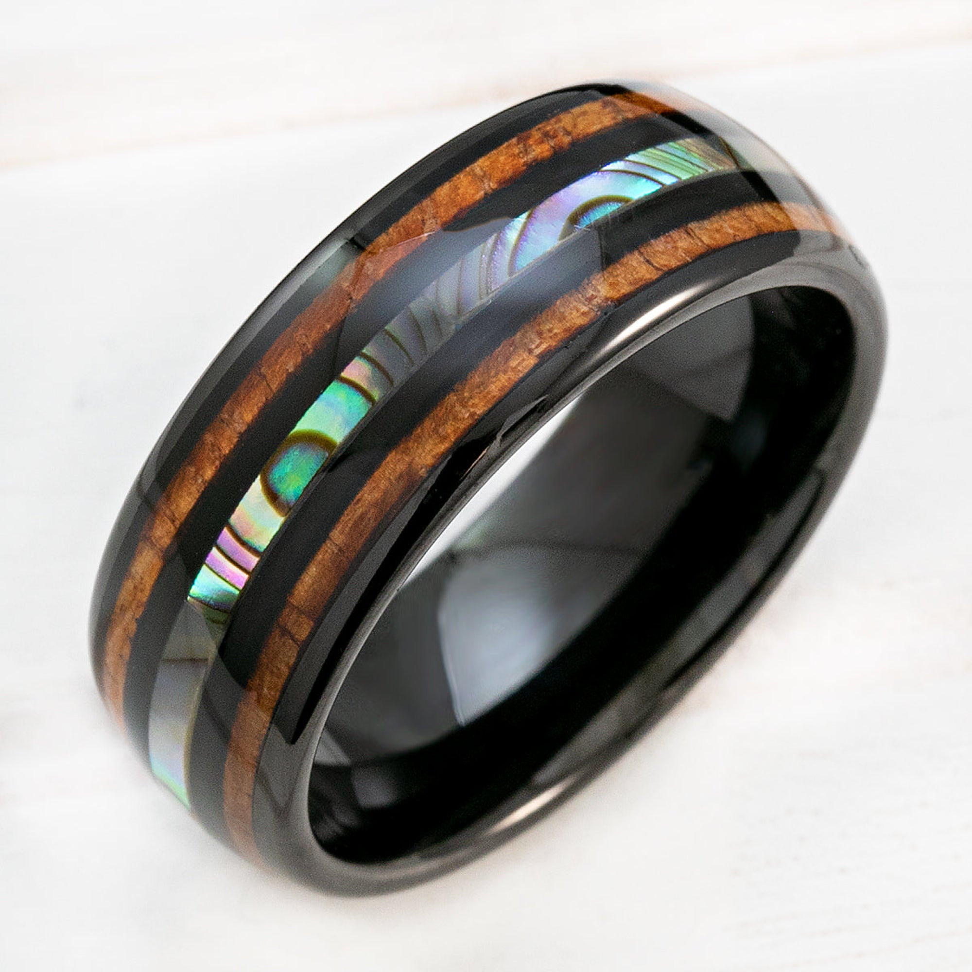 Black Tungsten Ring with Abalone Shell & Hawaiian Koa Wood Tri-Inlay -