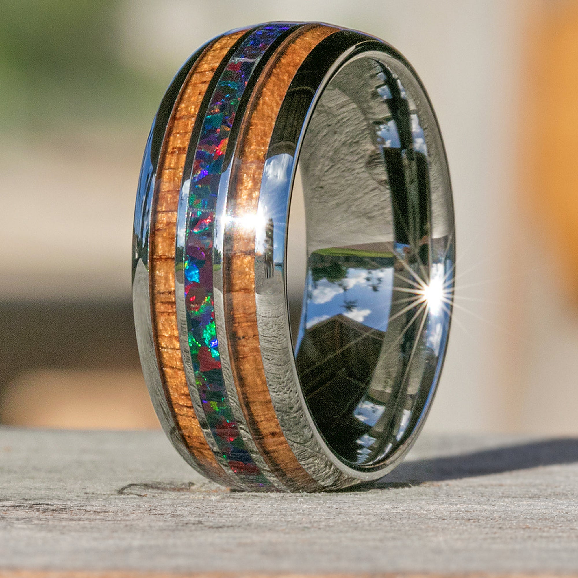 Tungsten Carbide Ring With Fire Opal & Koa Wood Tri Inlay