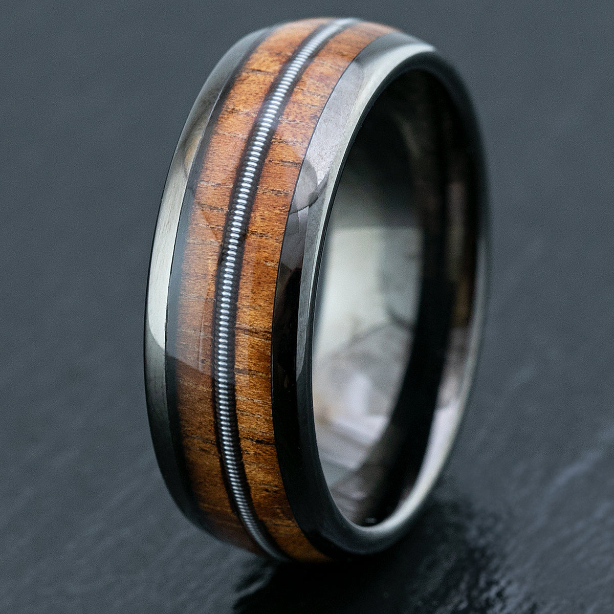 Gun Grey Tungsten Carbide Ring / Mid Guitar Sting & Hawaiian Koa Wood Inlay / 8mm width / Dome Shape-Comfort Fitment