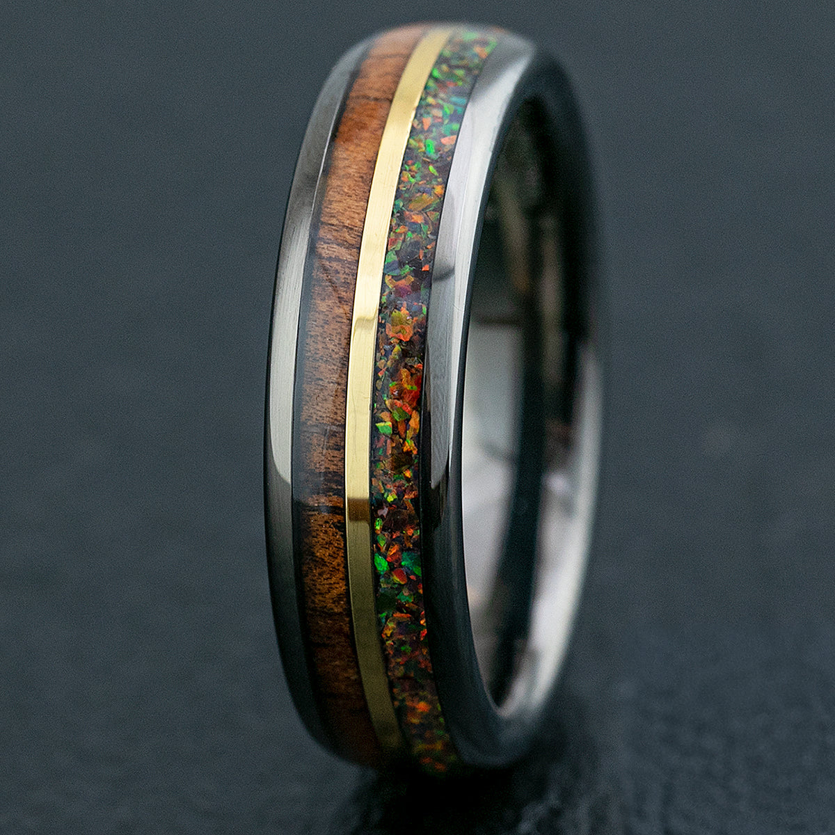 Gun Grey Mid-Gold Strip Tungsten Carbide Ring / Hawaiian Koa Wood & Fire Opal / 6mm width / Dome Shape , Comfort Fitment