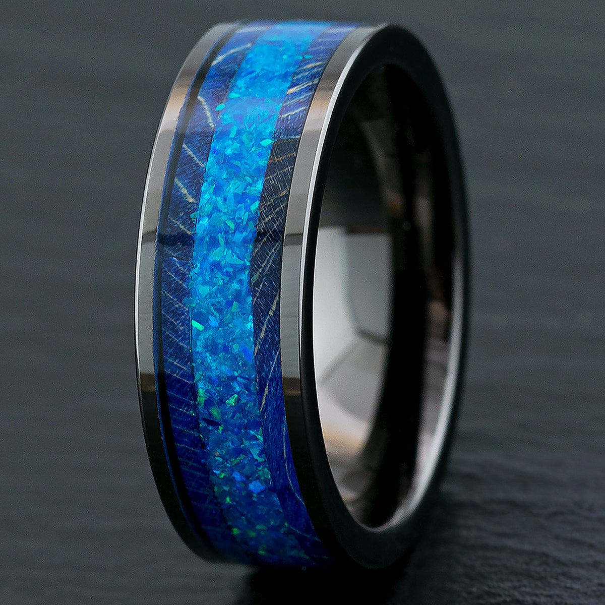 Gun Grey Tungsten Carbide Ring / Azure Blue Opal & Blue Box Elder Wood / 8mm width / Flat Style, Comfort Fitment