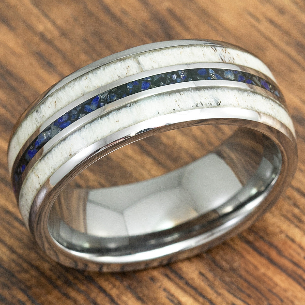 Tungsten Carbide Ring with Crushed Lapis Lazuli & Antler Tri-Inlay - 8mm, Dome Shape, Comfort Fitment