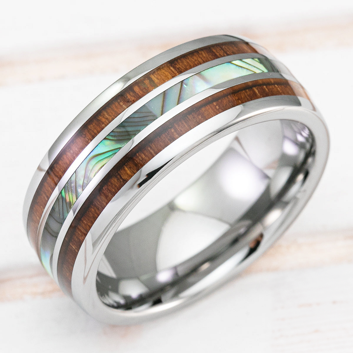 Tungsten Carbide Ring with Abalone Pau'a Shell and Hawaiian Koa Wood Tri Inlay - 8mm, Dome Shape Comfort Fitment