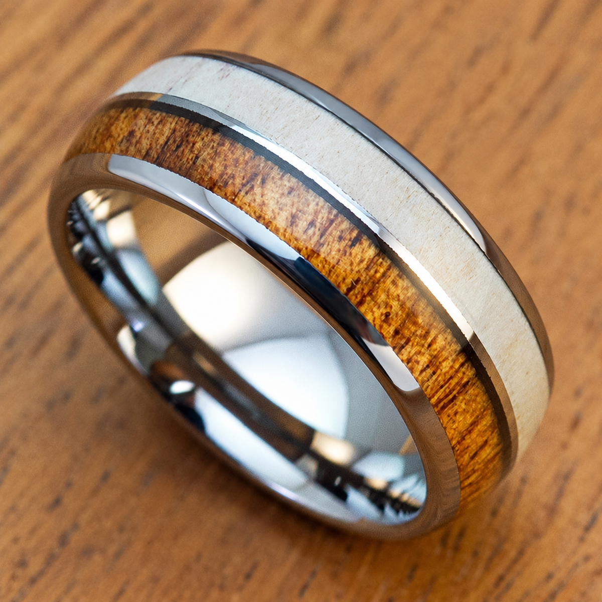 Tungsten carbide ring with genuine antler and Hawaiian koa wood inlays
