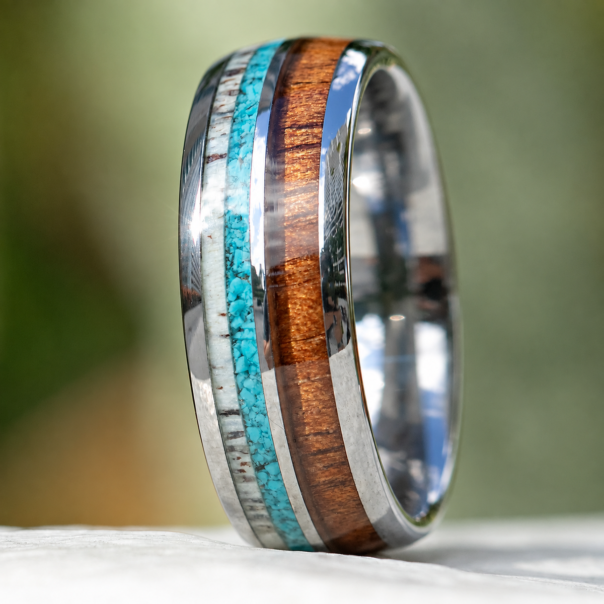 Tungsten ring with antler, turquoise and Hawaiian koa wood inlays