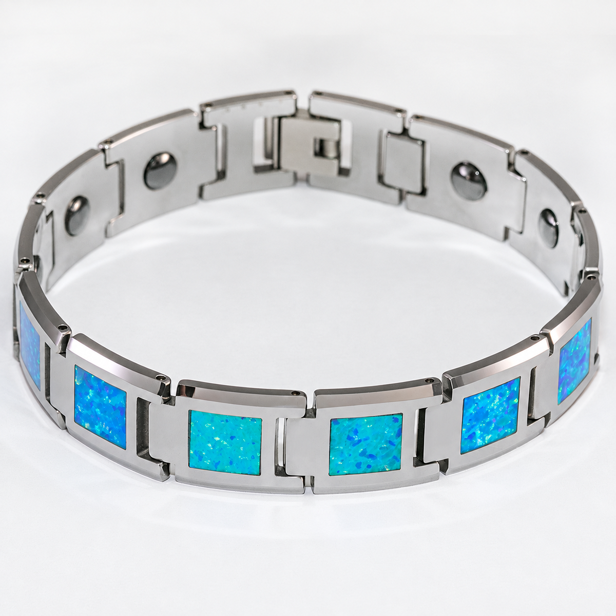 Tungsten carbide bracelet with rectangular blue opal inlays