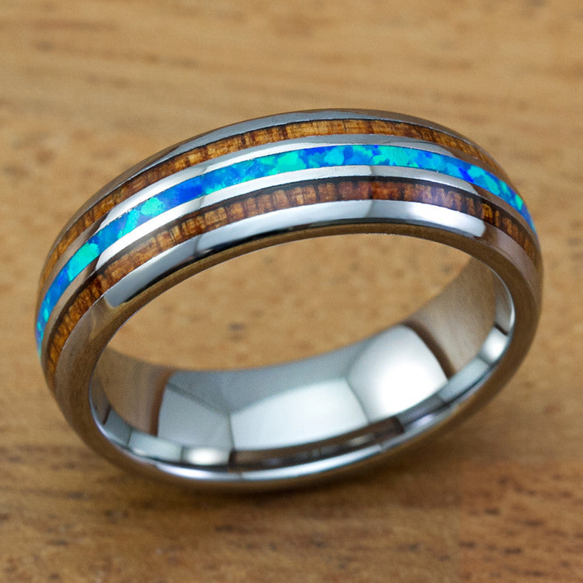 Tungsten Carbide Ring with Blue Opal & Koa Wood Tri Inlay - 6mm, Dome Shape, Comfort Fitment