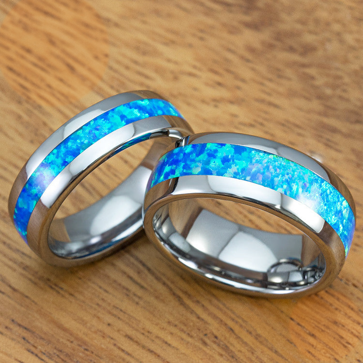 Pair of Blue Opal Tungsten Carbide Wedding Ring Set - 6&8mm, Dome Shape, Comfort Fitment