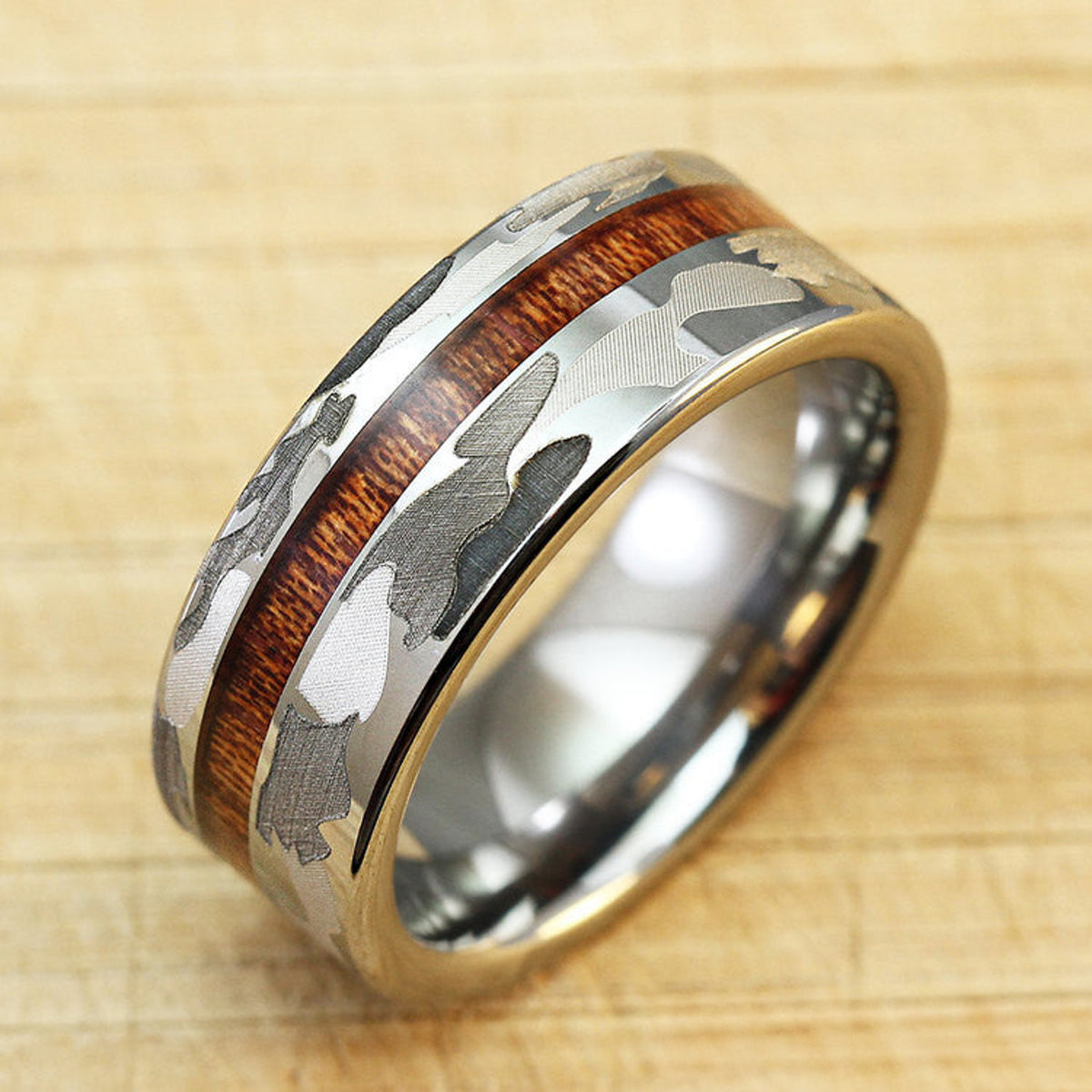 8mm flat camo tungsten carbide ring with Hawaiian koa wood inlay