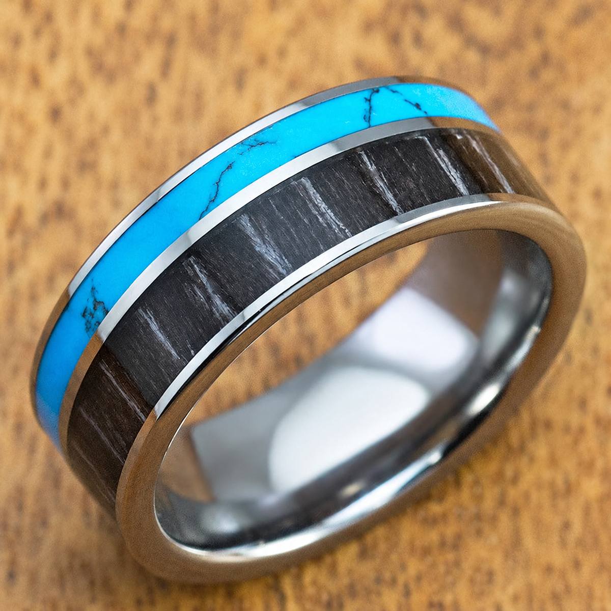 Tungsten carbide ring with ebony and turquoise inlay