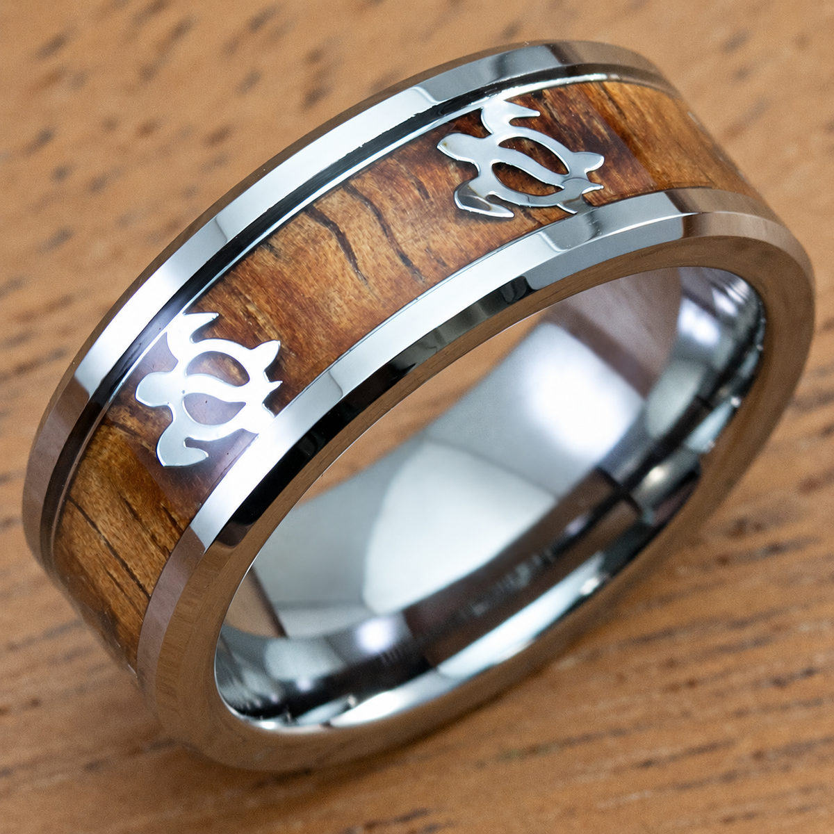 Tungsten 8mm Ring With Hawaiian Sea Turtle Pattern & Koa Wood Inlay