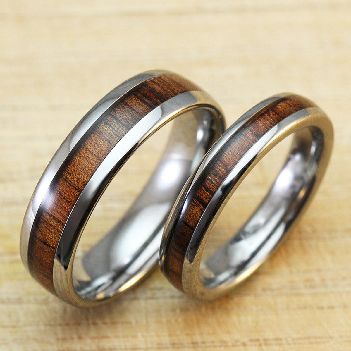Pair of Tungsten Carbide Rings with Koa Wood Inlay - 4&6mm, Dome Shape, Comfort Fitment