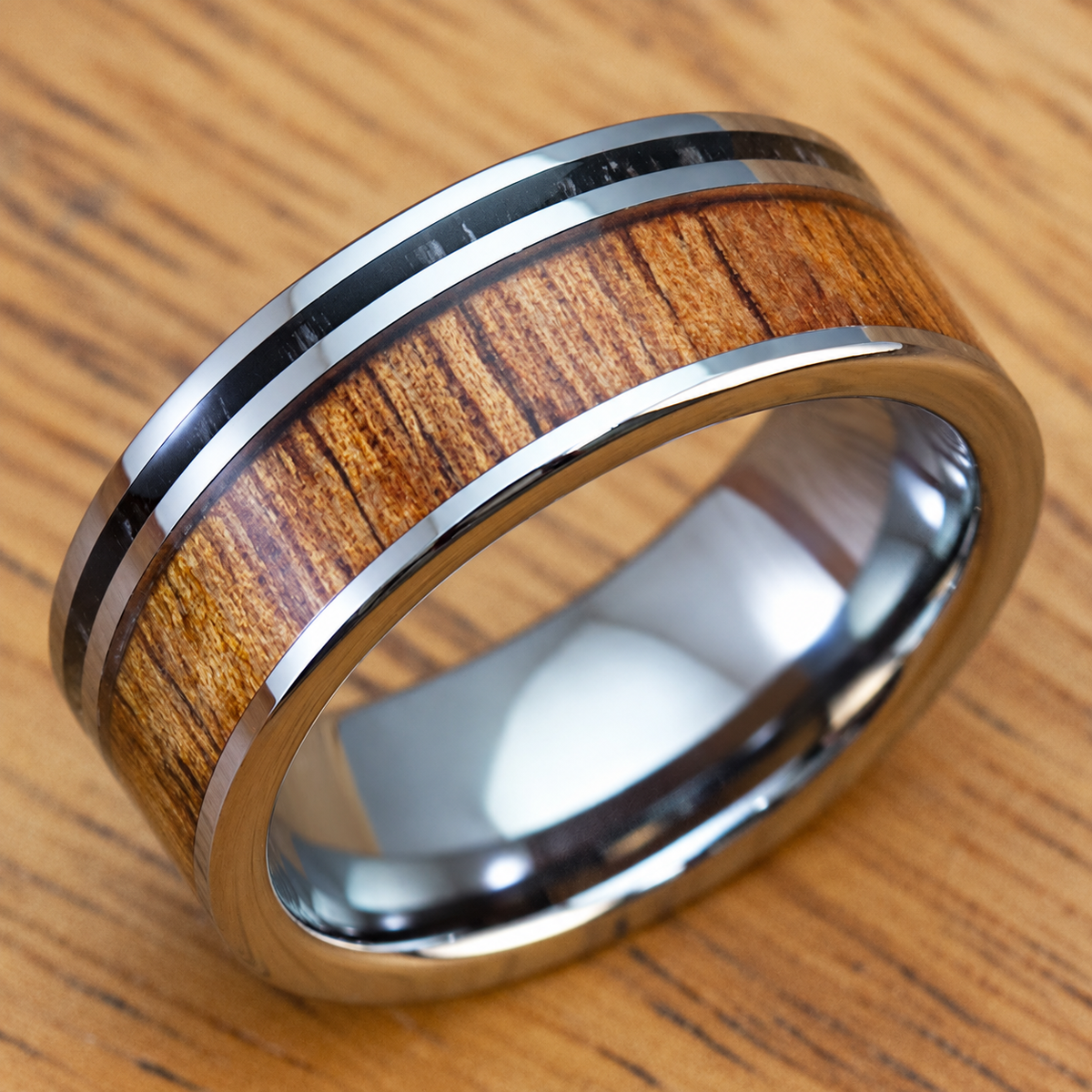 Tungsten carbide ring with koa wood and thin ebony offset