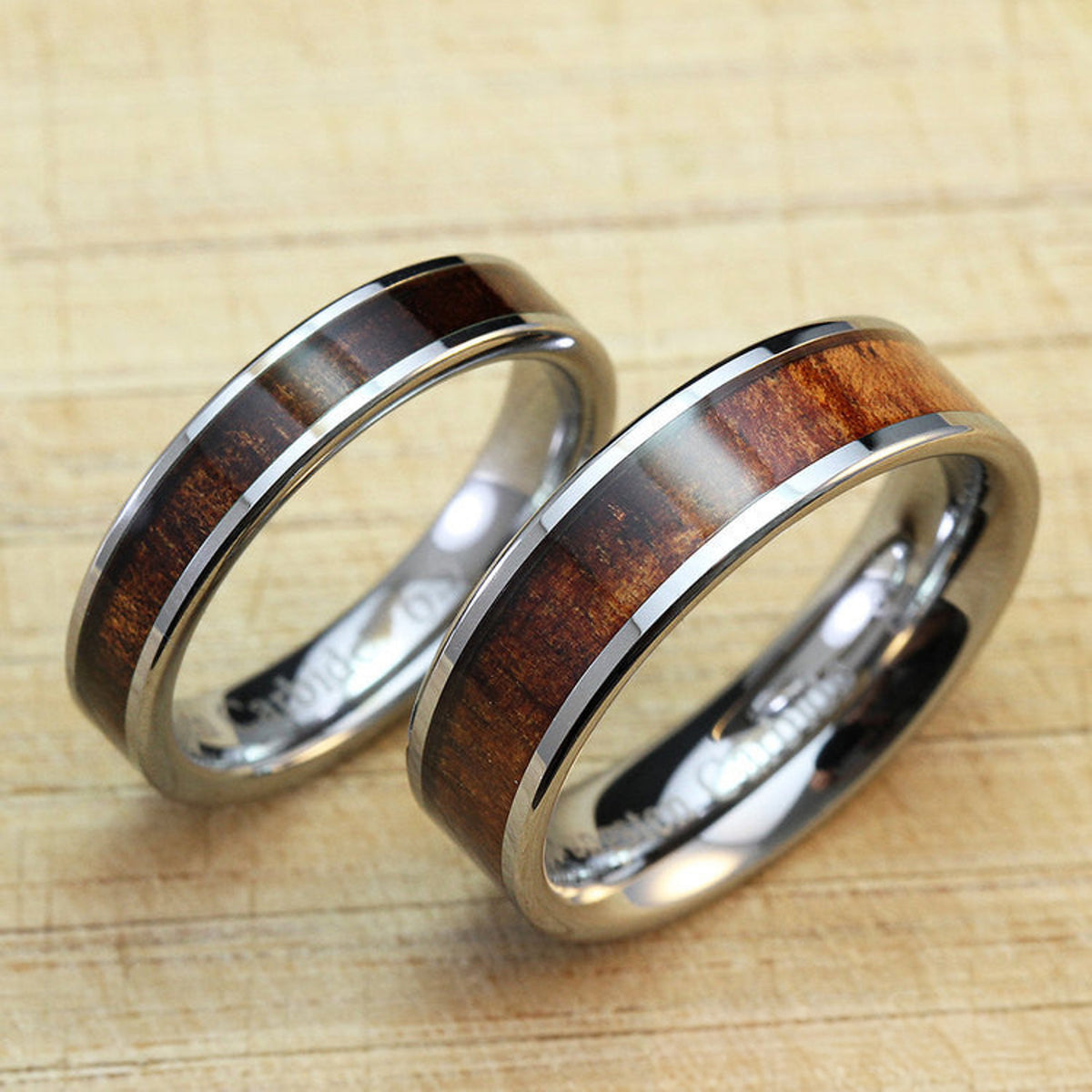 Pair of Tungsten Carbide Rings with Koa Wood Inlay - 4&6mm, Flat Shape, Comfort Fitment