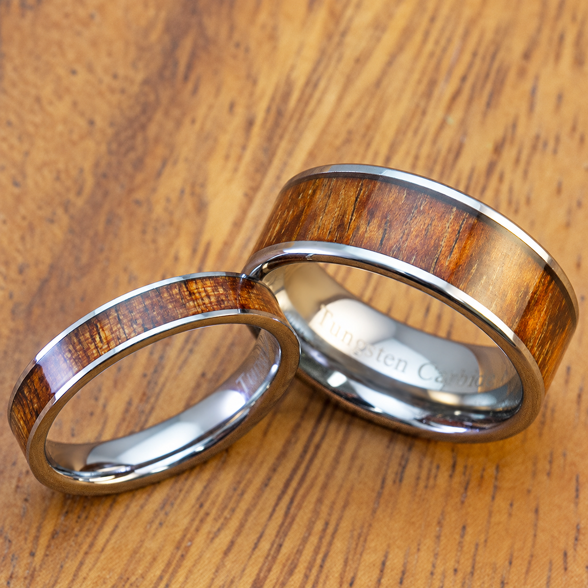 Tungsten carbide 4mm and 8mm flat ring set with Hawaiian koa wood inlay
