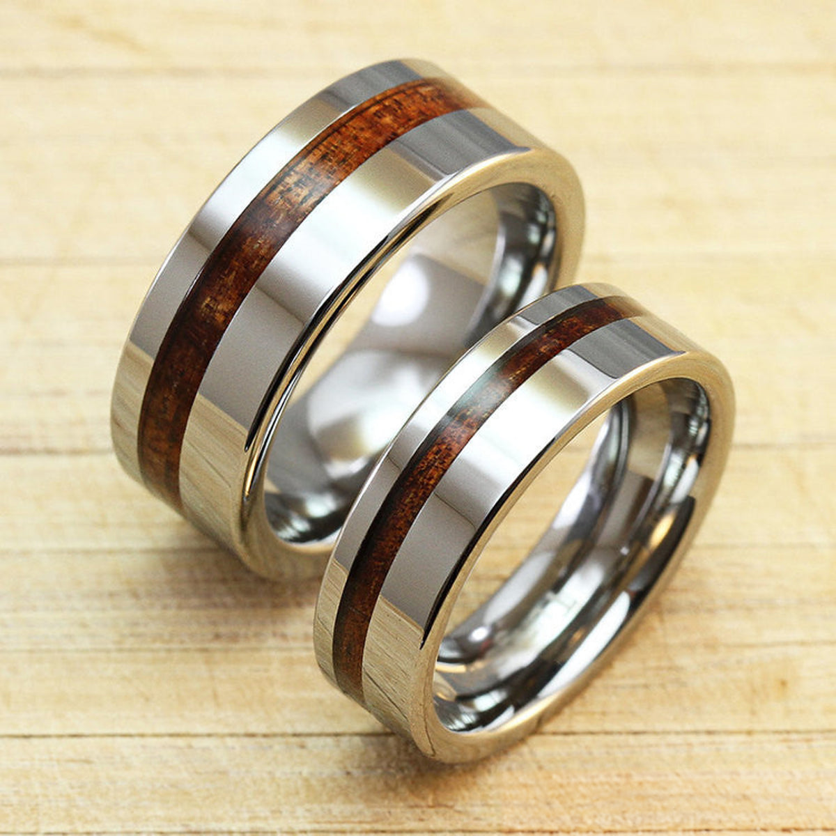 Pair of Tungsten Carbide Ring with Koa Wood Offset Inlay - 6&8mm, Flat Shape, Comfort Fitment