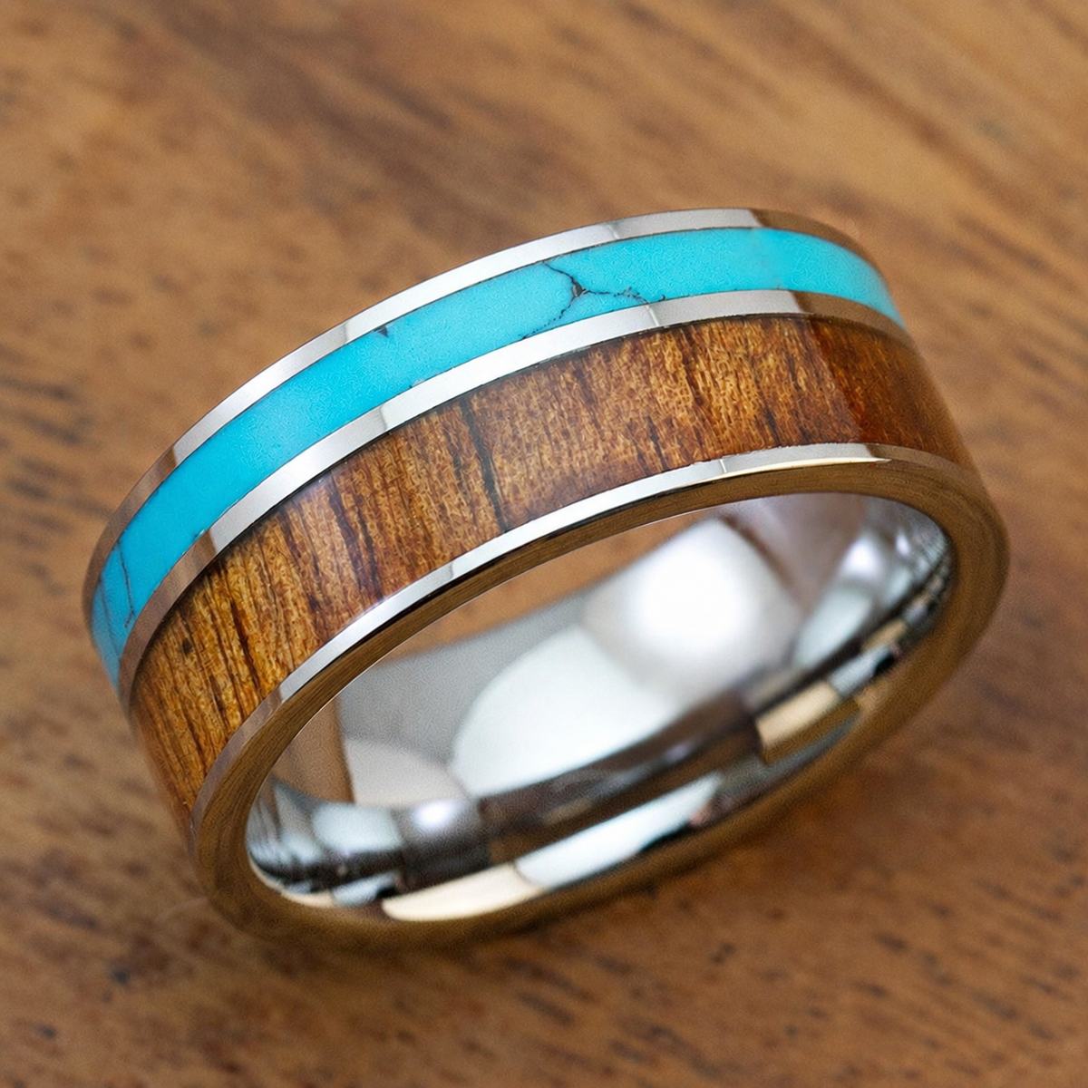Tungsten carbide ring with Hawaiian koa wood and turquoise inlays, clean product image