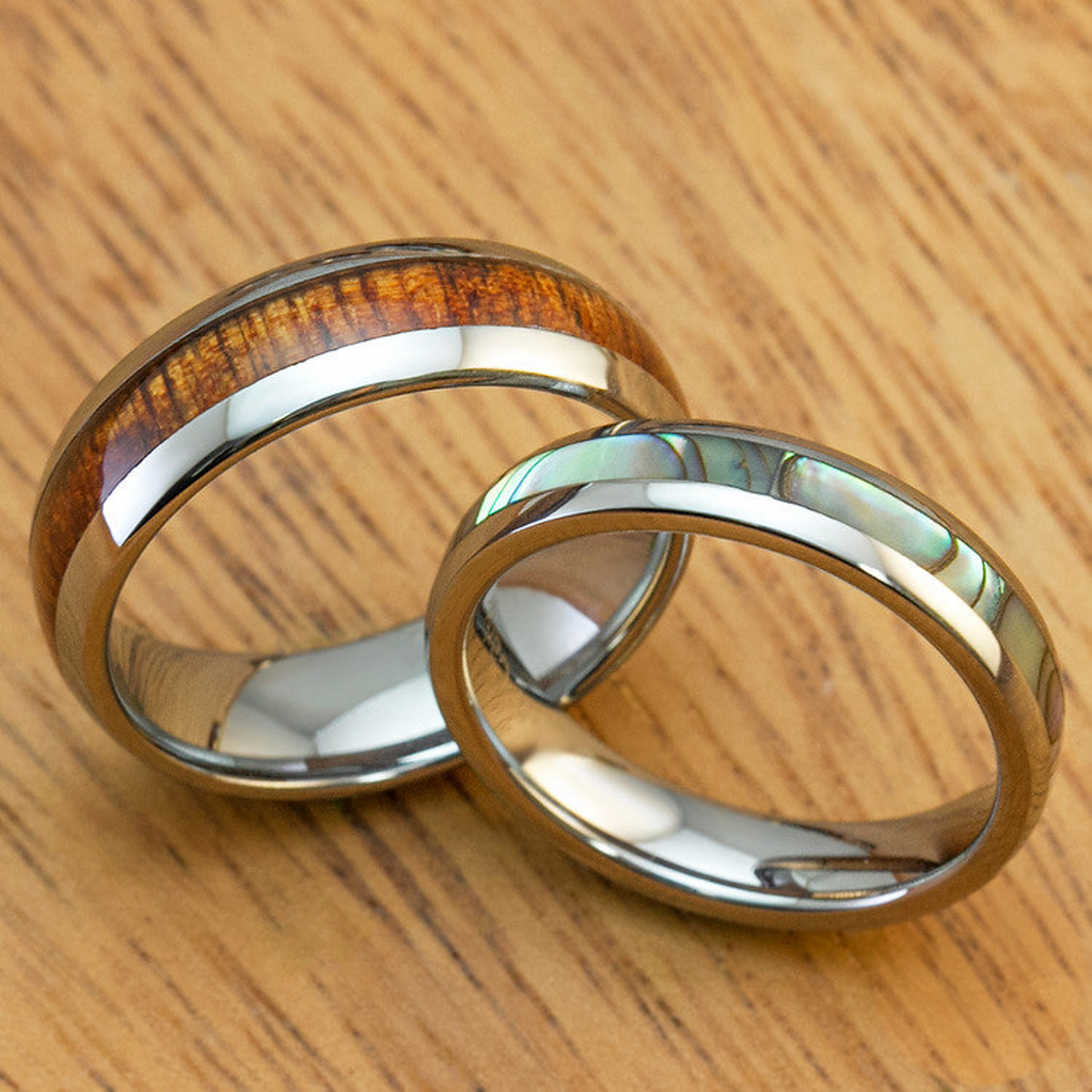 Pair of Tungsten Carbide Rings with Pau'a Shell and Koa Wood Inlay