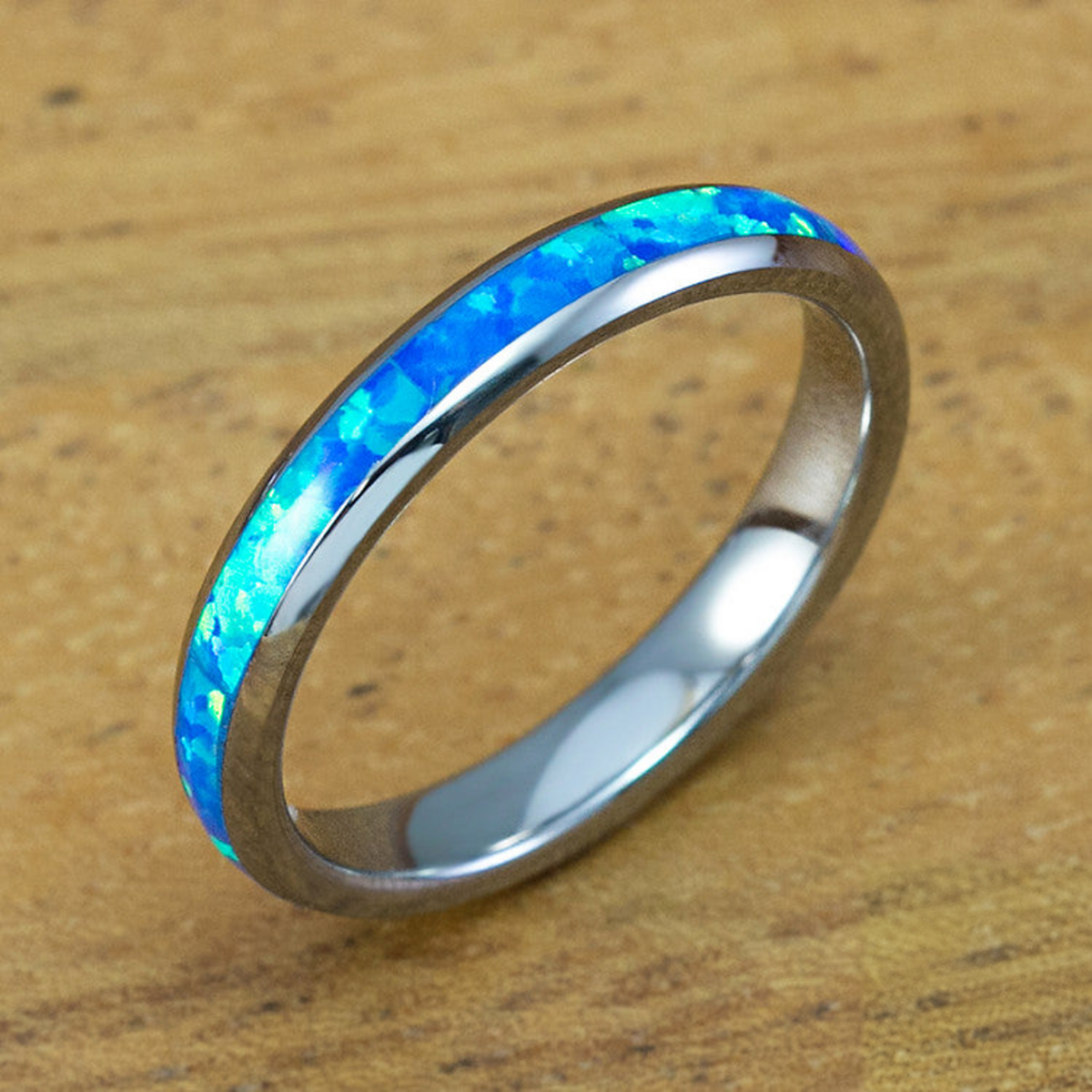 Petite Tungsten Carbide Blue Opal Ring - 3mm, Dome Shape, Comfort Fitment