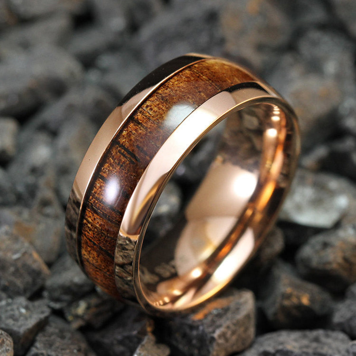 Tungsten Carbide Rose Gold Ring / Hawaiian Koa Wood / 8mm Width - Barrel Shape, Comfort Fitment