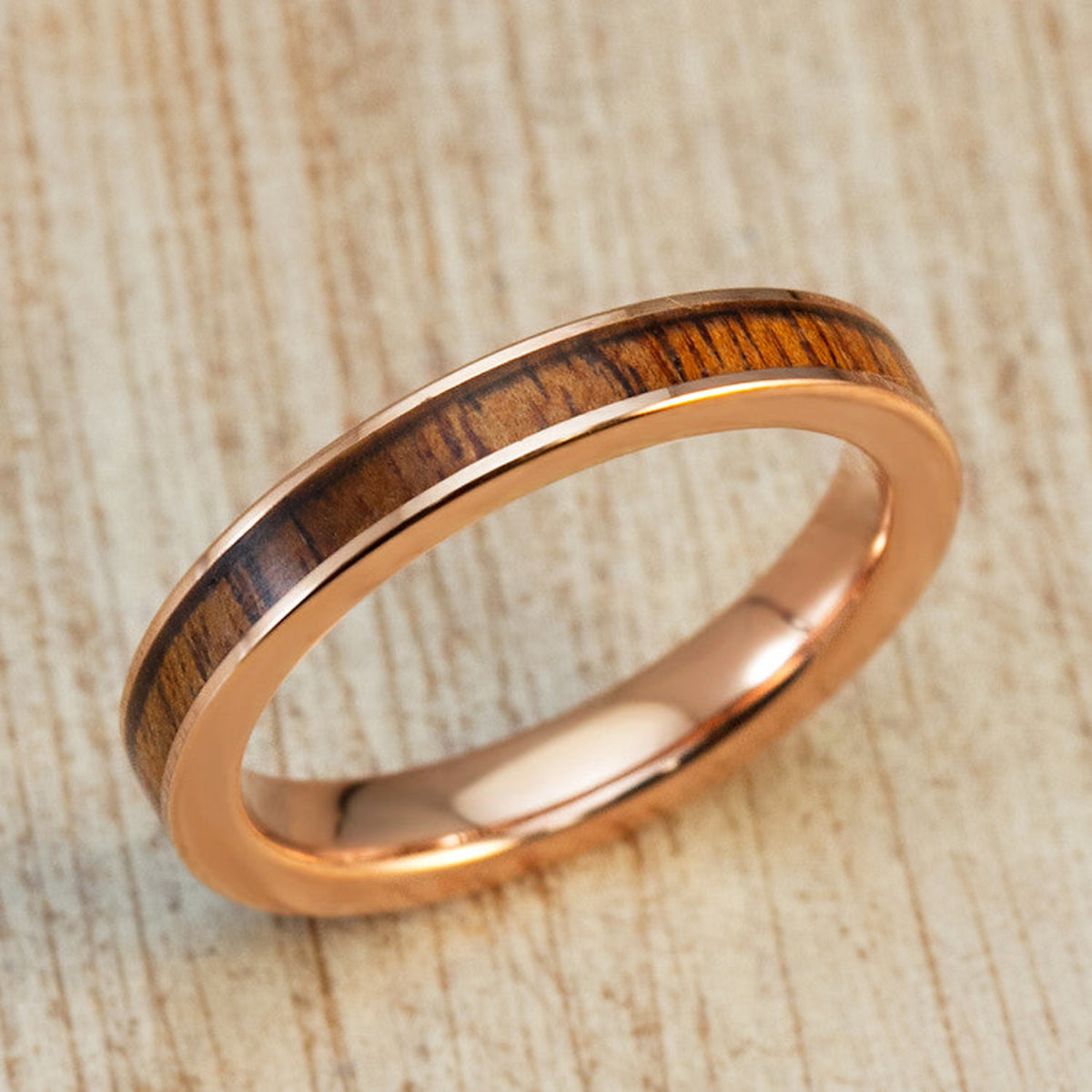 Rose Gold Ion Plated Tungsten Carbide Ring with Hawaiian Koa Wood Inlay - 3mm, Flat Shape, Comfort Fitment