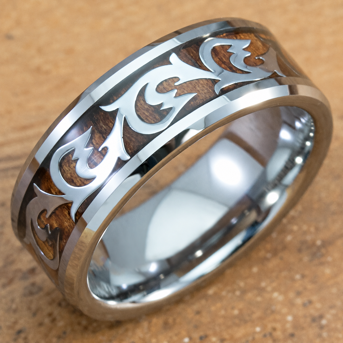 8mm tungsten scroll wave pattern ring with Hawaiian koa wood inlay, clean product image