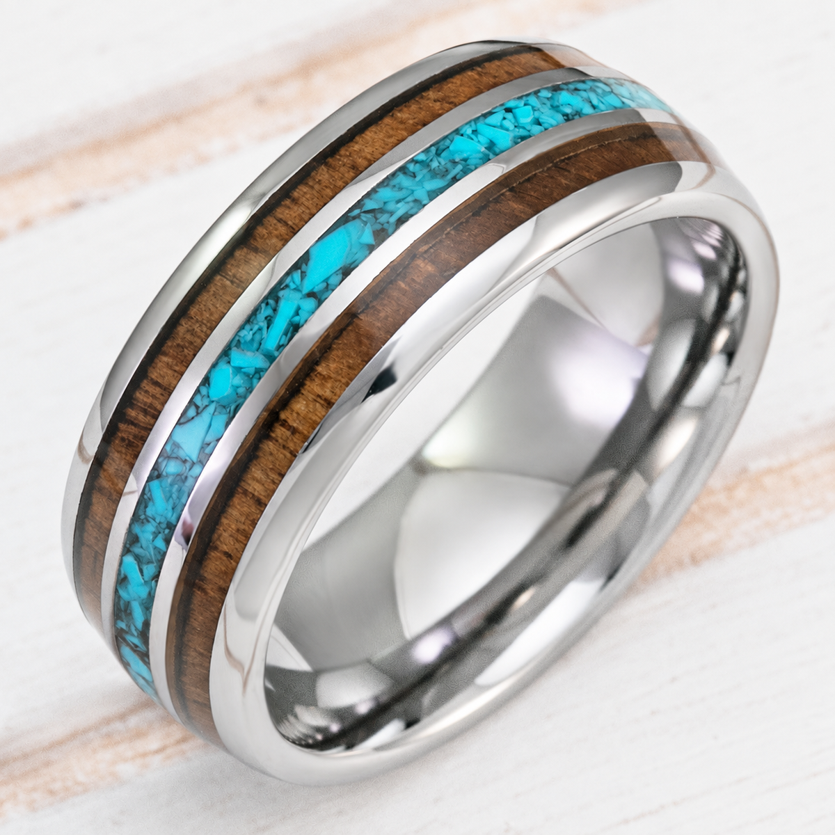 Tungsten Carbide Ring with Crushed Turquoise & Hawaiian Koa Wood Inlay