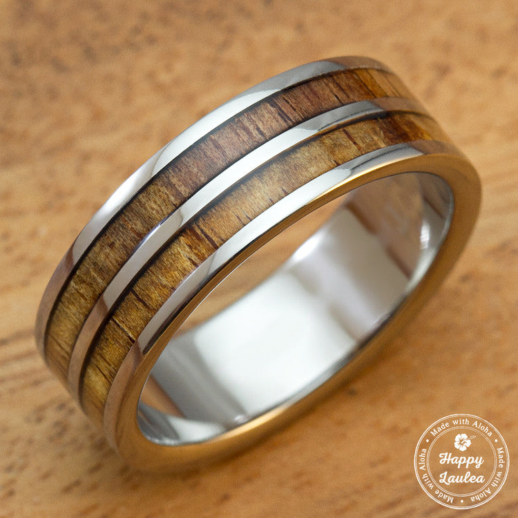 Titanium Ring with Hawaiian Koa Wood Duo Inlay [8mm width] Flat Shape,  Standard Fitment