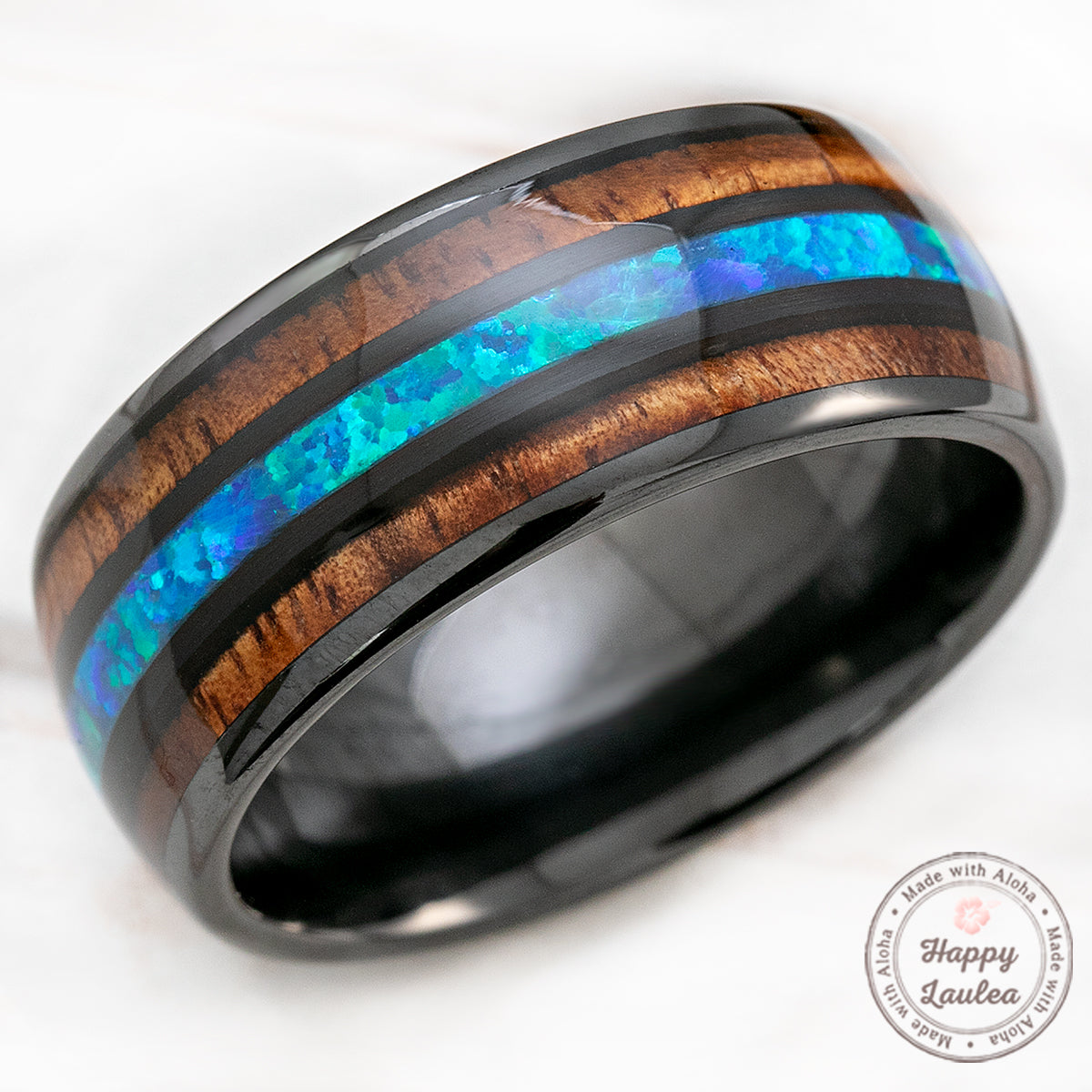 Black Ceramic 10mm Ring with Blue Opal & Hawaiian Koa Wood Tri Inlay - Dome Shape, Comfort Fitment