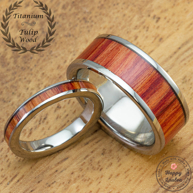 Pair of flat titanium rings with tulip wood inlay, 3mm and 8mm