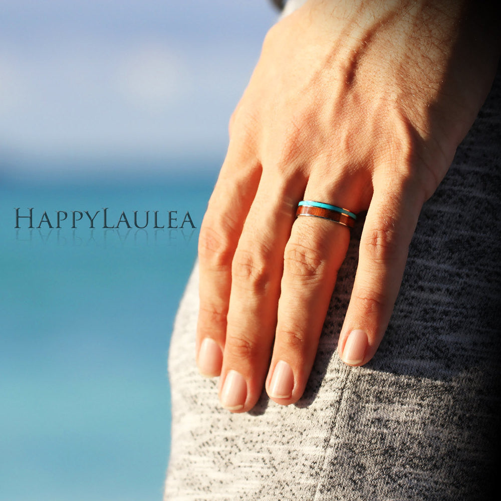 Tungsten Carbide Ring with Koa Wood & Turquoise Inlay