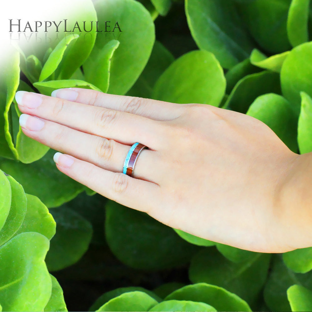 Tungsten Carbide Ring with Koa Wood & Turquoise Inlay