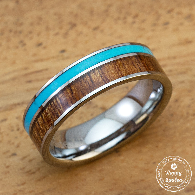 Tungsten Carbide Ring with Koa Wood Turquoise Inlay