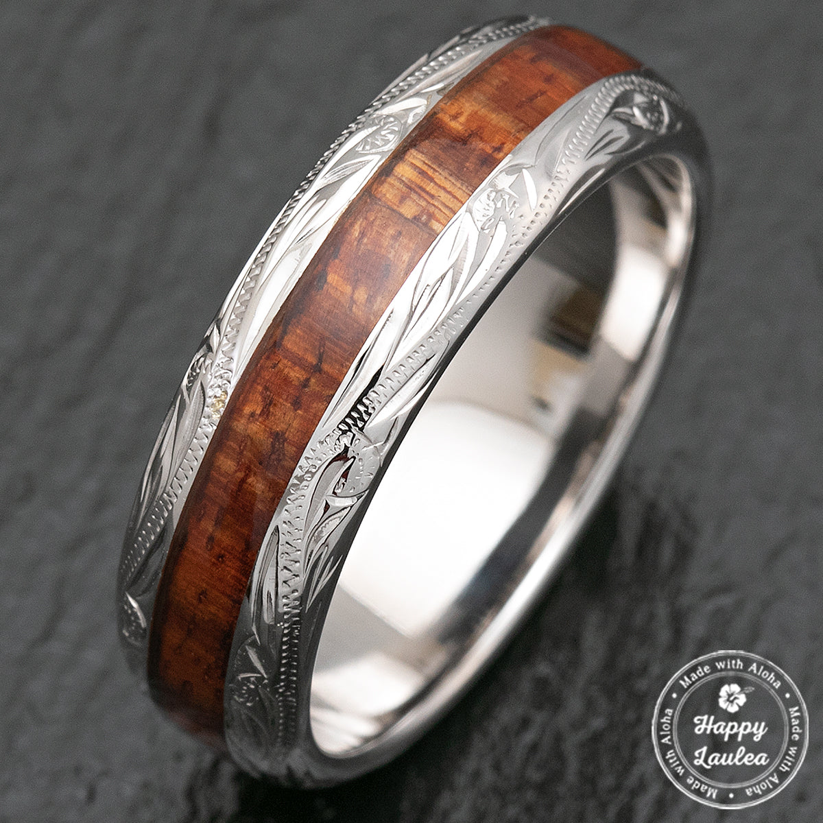 White gold 8mm dome ring with Hawaiian koa wood inlay and hand engraving