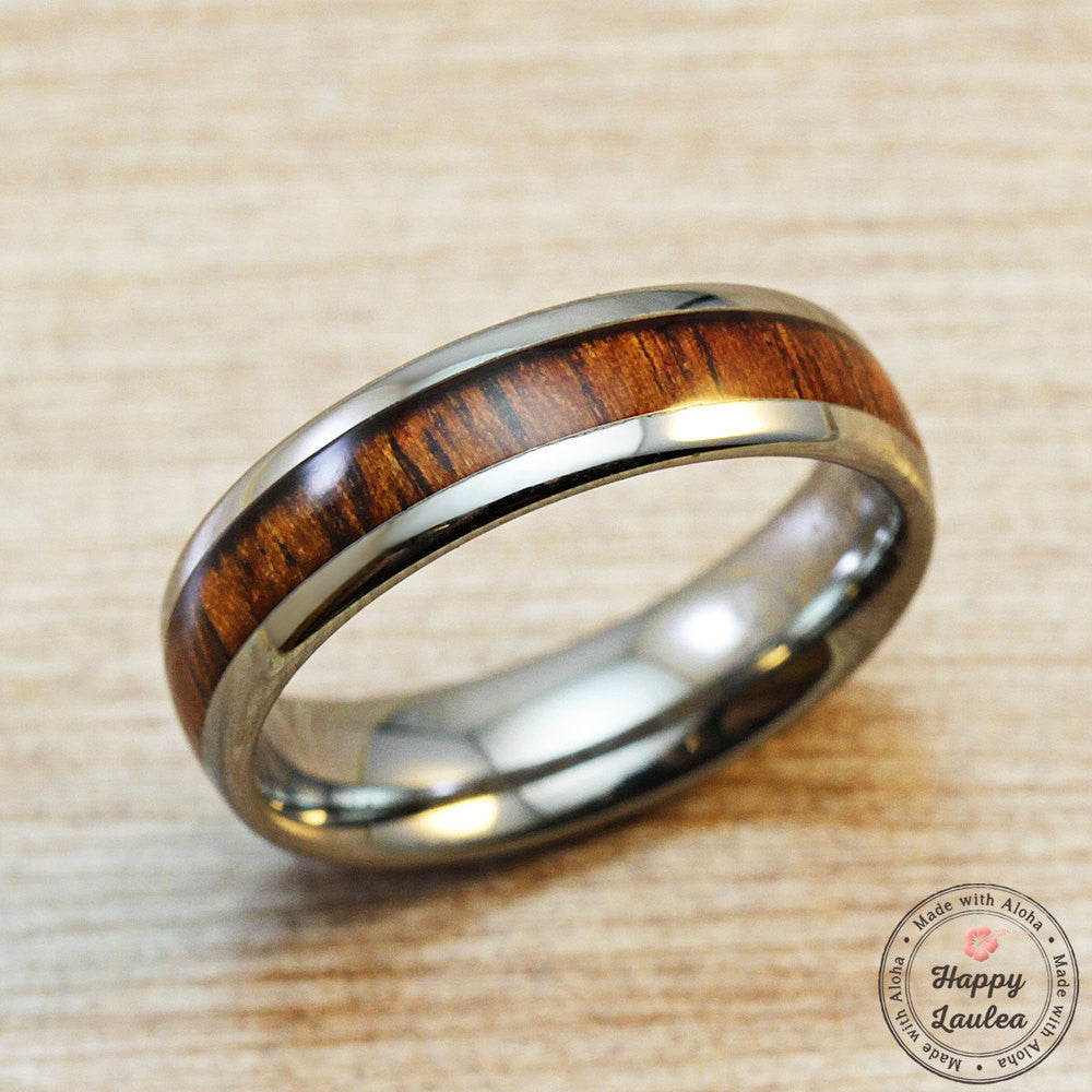 Tungsten Carbide Ring with Koa Wood Inlay, 6mm, Dome Shape, Comfort Fitment