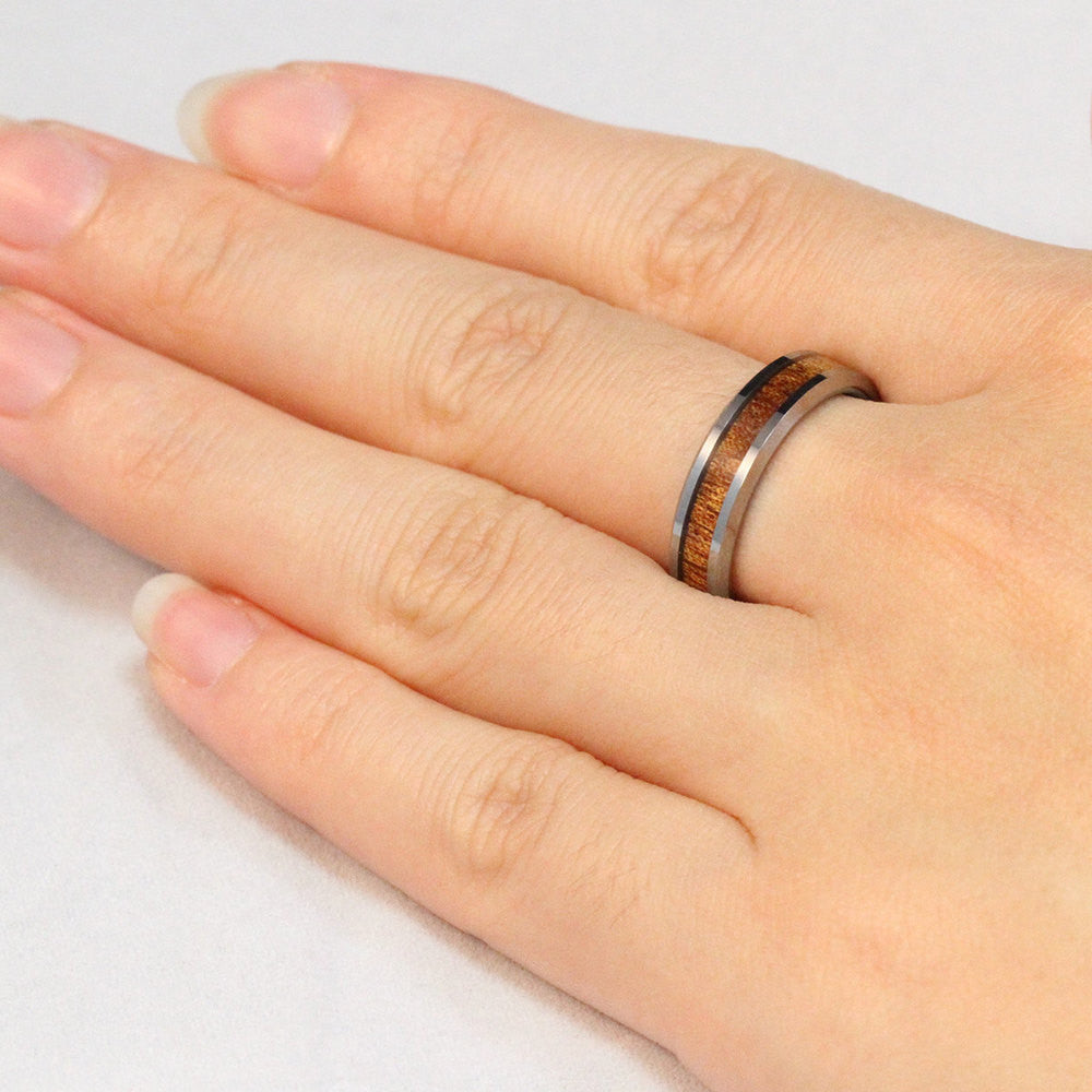 Tungsten Carbide Beveled Edge Ring with Koa Wood Inlay, 5mm, Flat Shape, Comfort Fitment