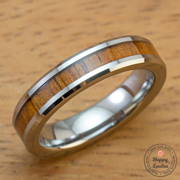 Tungsten Carbide Beveled Edge Ring with Koa Wood Inlay, 5mm, Flat Shape, Comfort Fitment