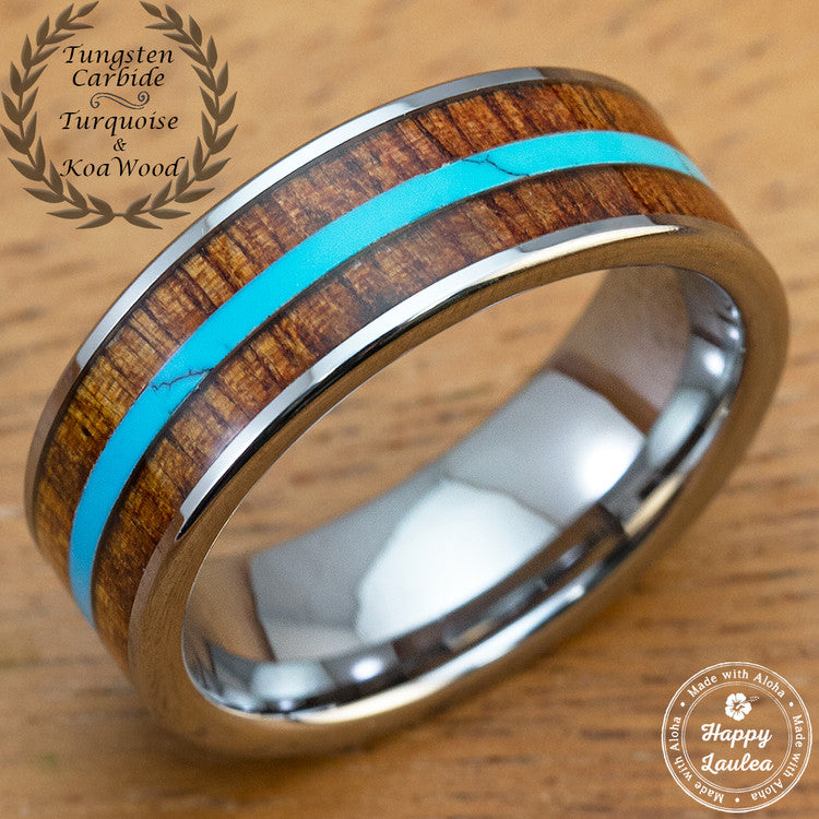 Men's Tungsten Wedding Ring With Blue Turquoise - Silver Polished Band For Him | Wedding Jewelry Gift