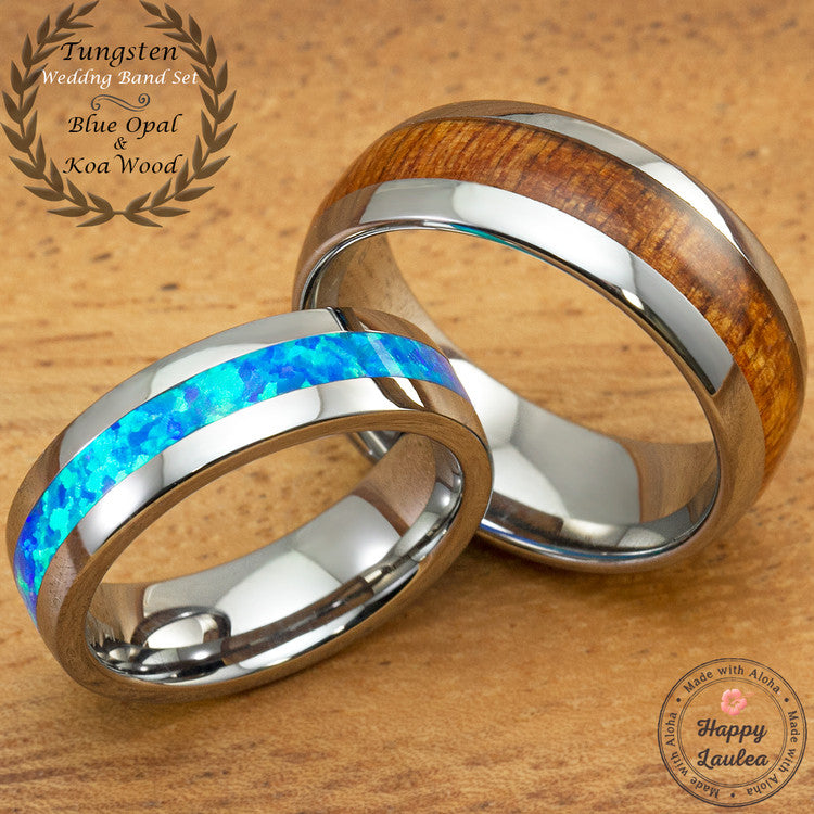 Tungsten Wedding Band Set with Blue Opal and Hawaiian Koa Wood Inlay
