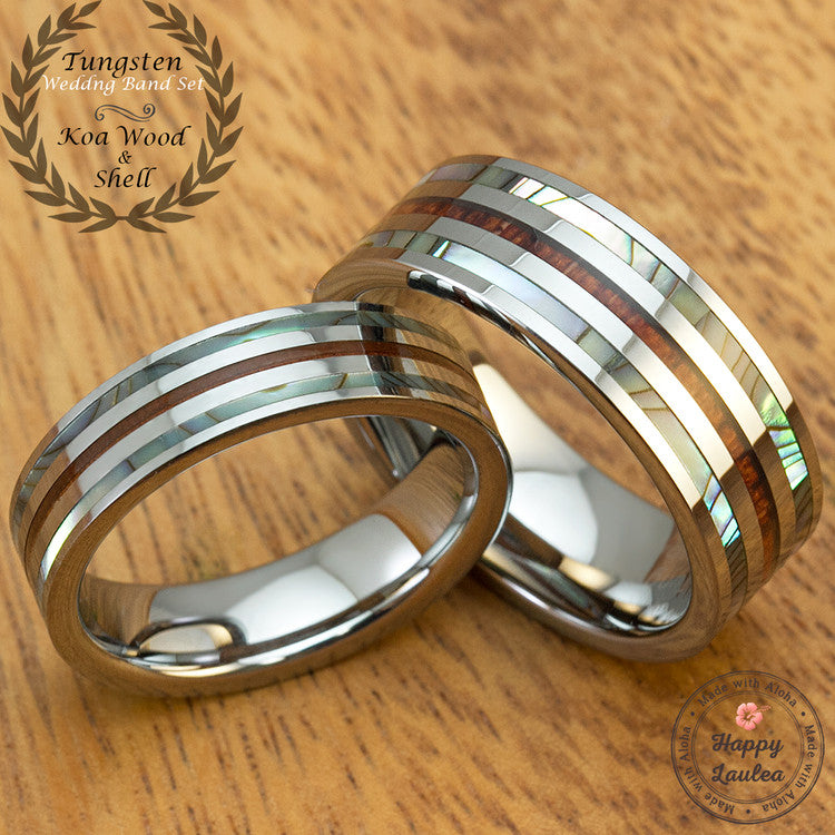 Pair of Tungsten Couple/Wedding Band Set with Abalone Shell Koa Wood