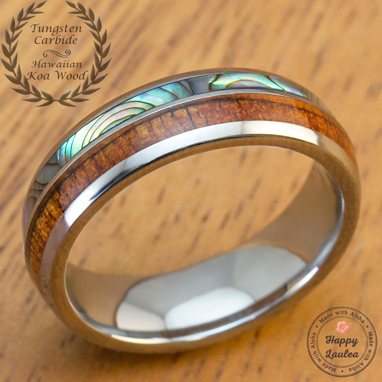 Tungsten Wedding Ring with Abalone Shell and Koa Wood Duo Inlay 6mm,