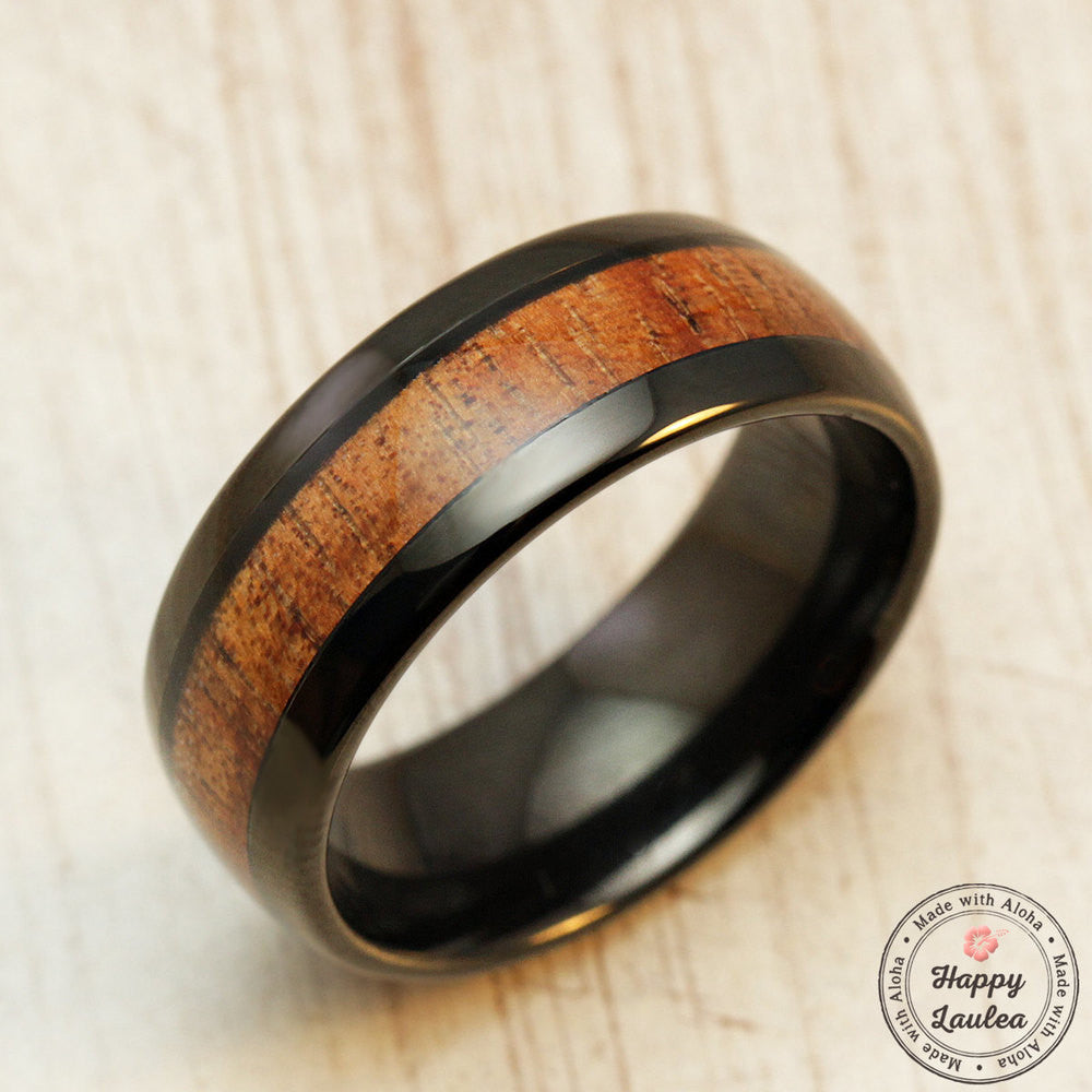 Black Tungsten Carbide Ring with Koa Wood Inlay 8mm, Dome Shape, Com