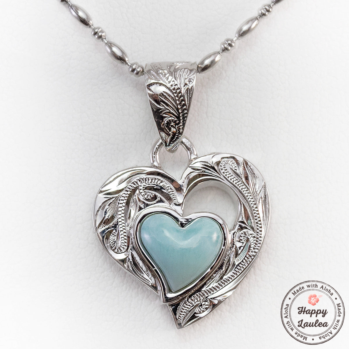 925 Sterling Silver Heart Motif Pendant with Larimar Stone Setting