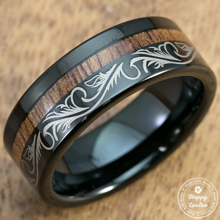 Black Tungsten Scroll Pattern Ring with Offset Hawaiian Koa Wood Inlay -  8mm, Flat Shape, Comfort Fitment
